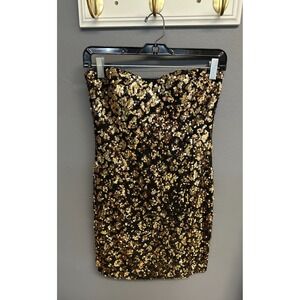 As U Wish Y2K Sequin Strapless Mini Dress Sz S Gold Black HoCo Clubwear Party